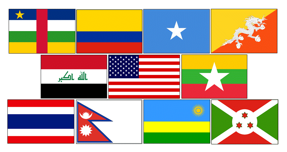 Countries represented by the Newcomers: (Top Row) Central African Republic, Colombia, Somalia, Bhutan (Middle Row) Iraq, United States of America, Burma (Bottom Row) Thailand, Nepal, Rwanda, Burundi.